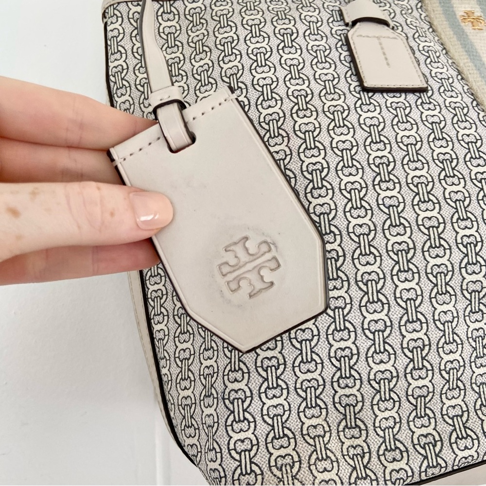 Tory Burch Gemini Link Tote Coated Canvas Double Strap Tote Designer Cream Blue - Picture 3 of 13